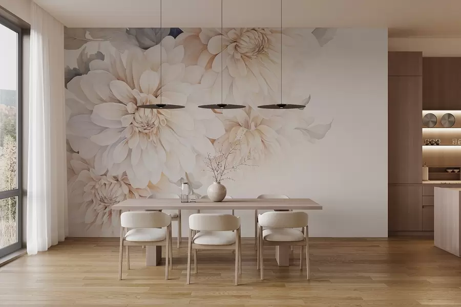 Fototapeedid Pehme, õrna virsiku ja valgete heledate kroonlehtedega pastelsed daaliad akvarellistiilis, pehme taustaga w09115