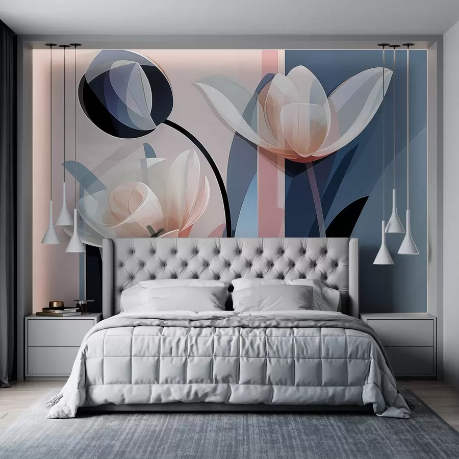 Fototapeedid Abstraktne kaasaegne kujundus läbipaistvate kroonlehtedega tulpidega pastelsetes roosa, valgetes ja tumesinistes toonides w09116