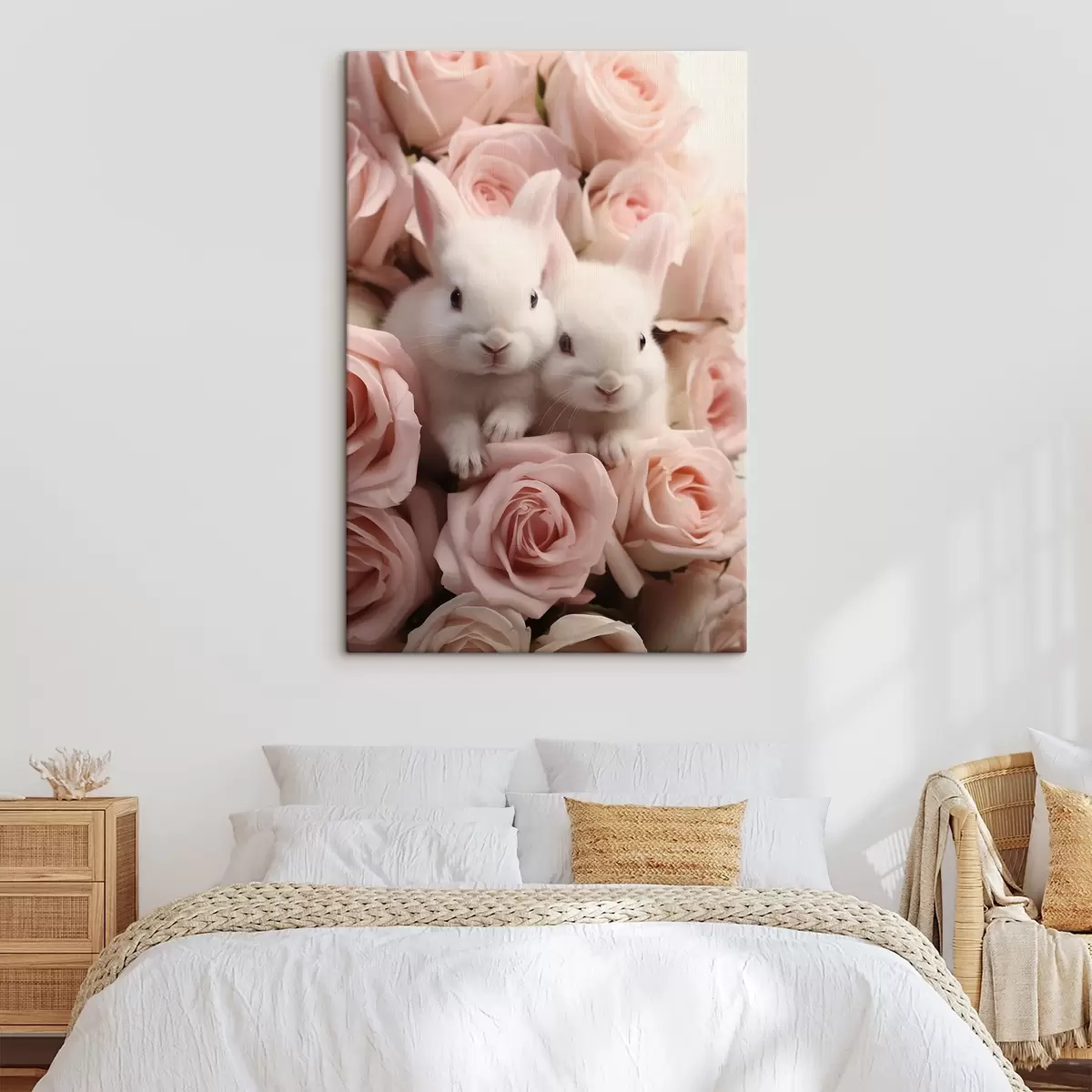 Pilt Kaks valget küülikut õrnade roosililledega s44380