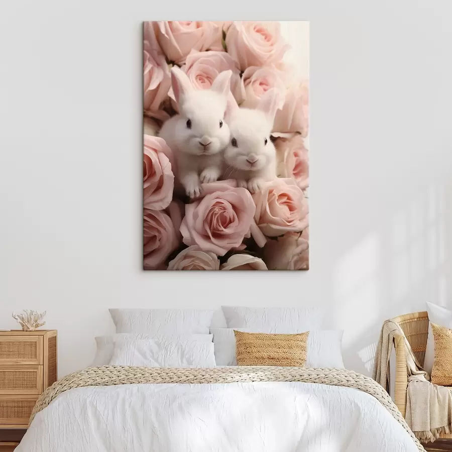 Pilt Kaks valget küülikut õrnade roosililledega s44380