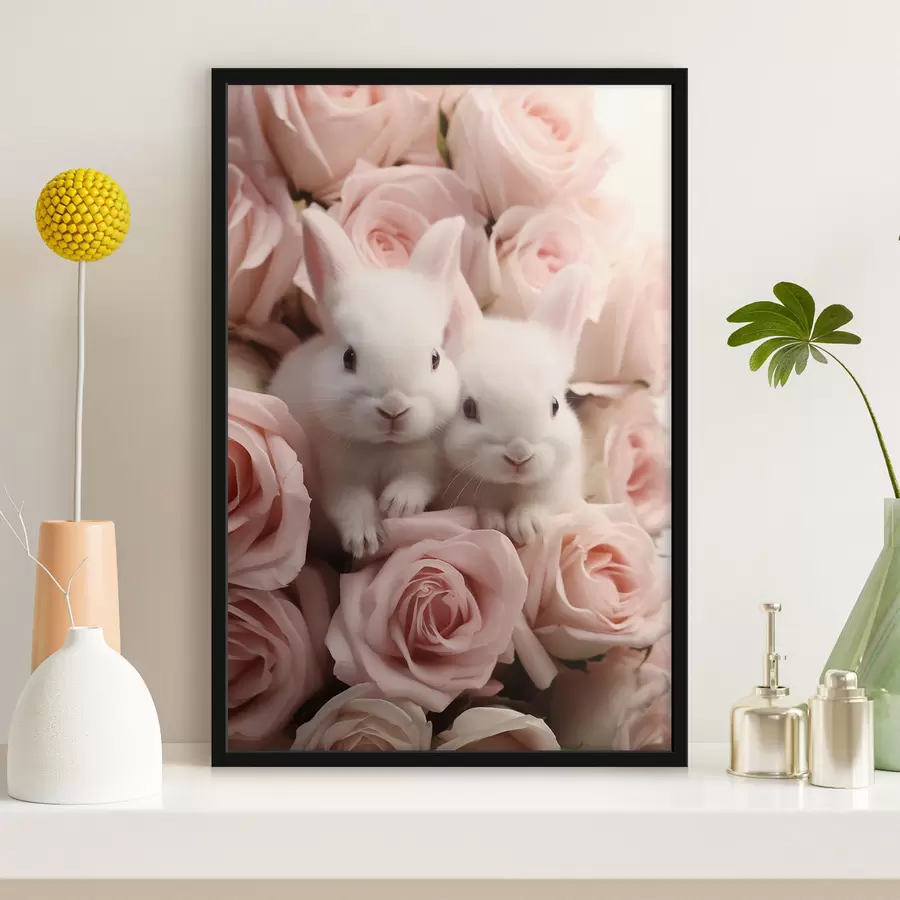 Fototapeedid Kaks valget küülikut õrnade roosililledega f44380