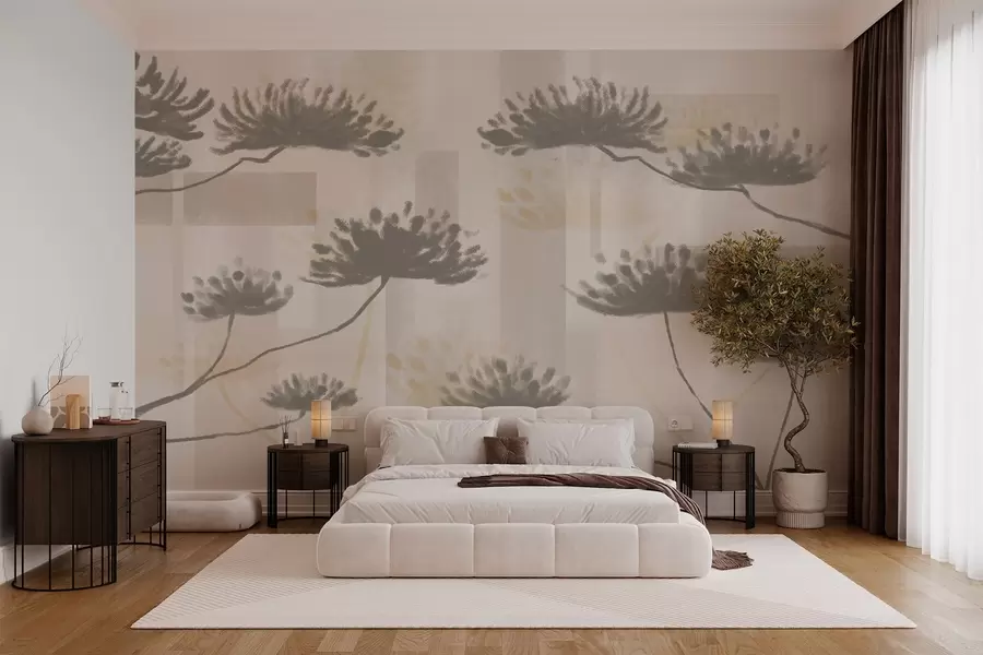 Fototapeedid tekstuurne geomeetria beeži ja kreemikas toonides koos stiliseeritud vihmavarju lilledega w03960