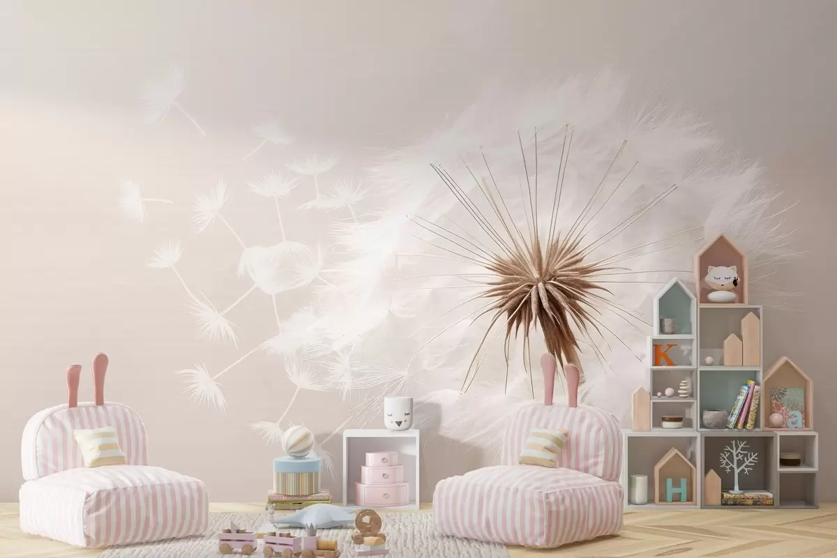 Fototapeedid Moodne pehme lillekompositsioon täisõielise võilillepeaga ja hõljuvate seemnetega, mis on asetatud õrna tekstiililaadse tekstuuri taustale w03939