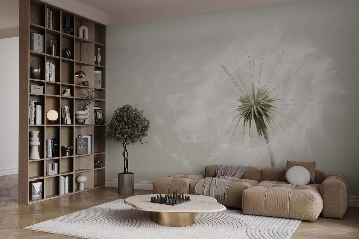 Fototapeedid Moodne pehme lillekompositsioon täisõielise võilillepeaga ja hõljuvate seemnetega, mis on asetatud õrna tekstiililaadse tekstuuri taustale w03939v1