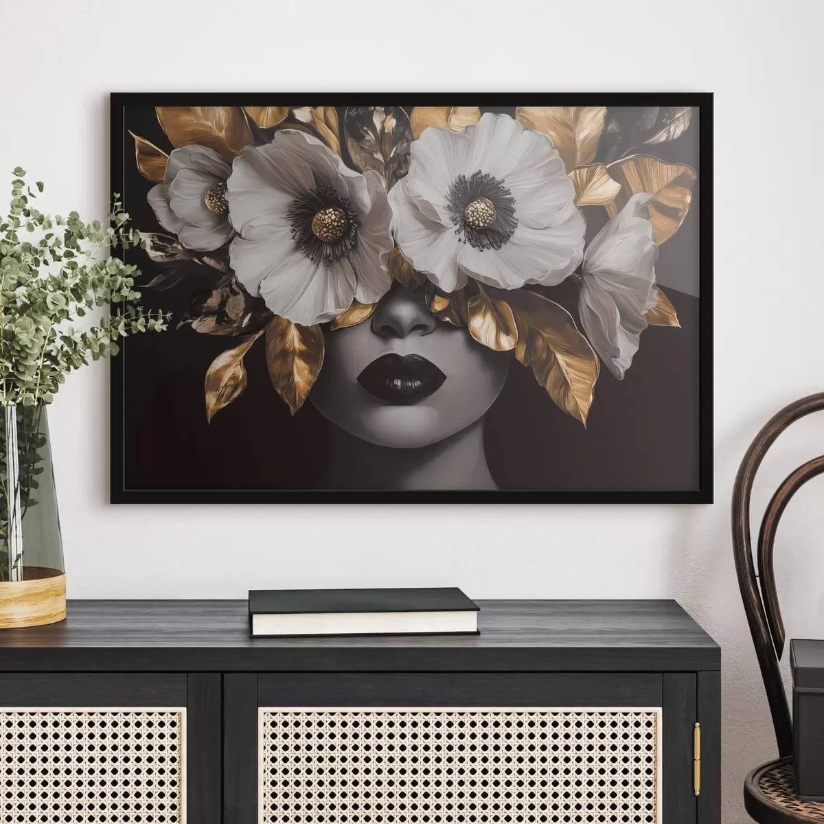 Plakat Poolabstraktne portree naisest koos lilledega f44365