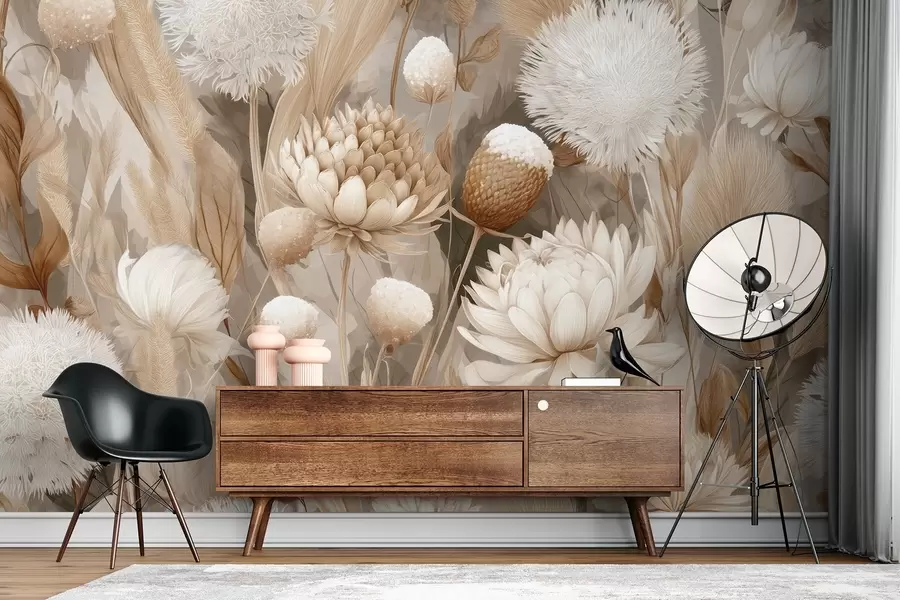 Fototapeedid Boho Harmony: Tekstuursed lilled beeži ja kreemikas toonides w09121