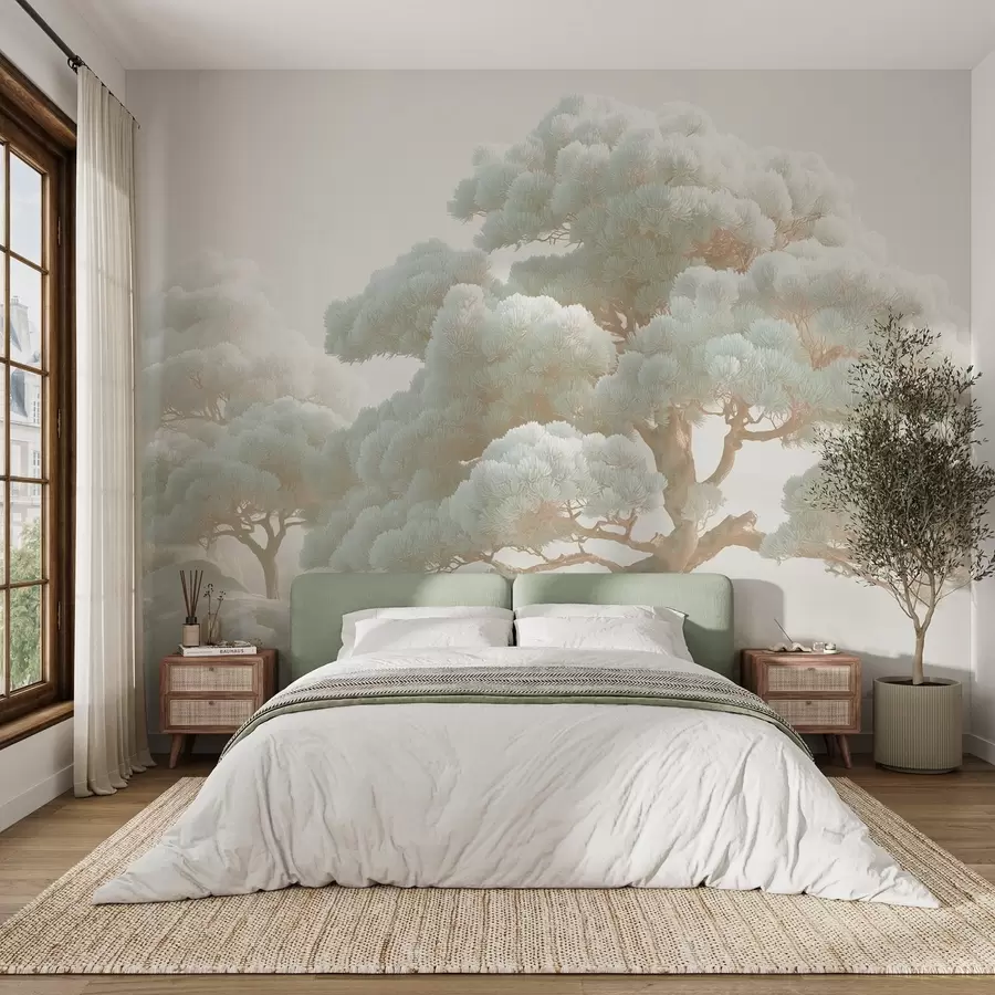 Fototapeedid Männid udus pehmetes toonides seisavad metsas w09122