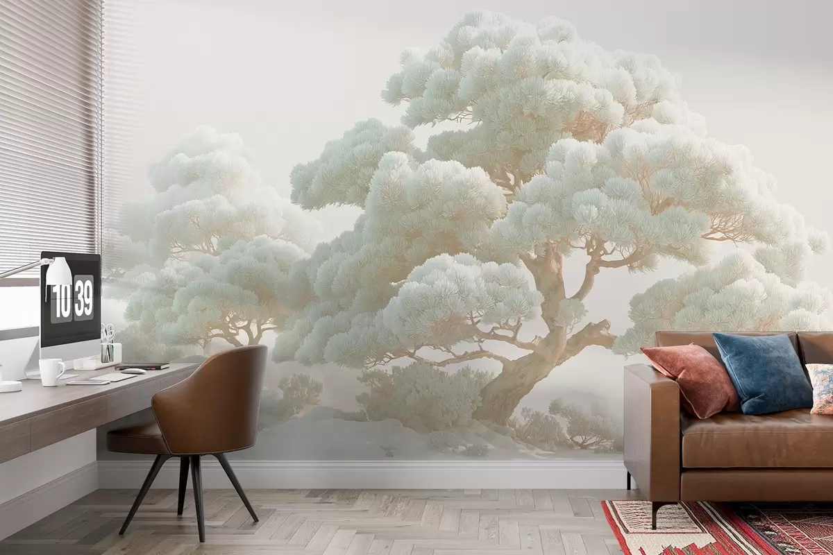 Fototapeedid Männid udus pehmetes toonides seisavad metsas w09122