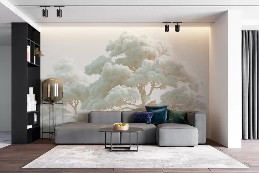 Fototapeedid Männid udus pehmetes toonides seisavad metsas w09122