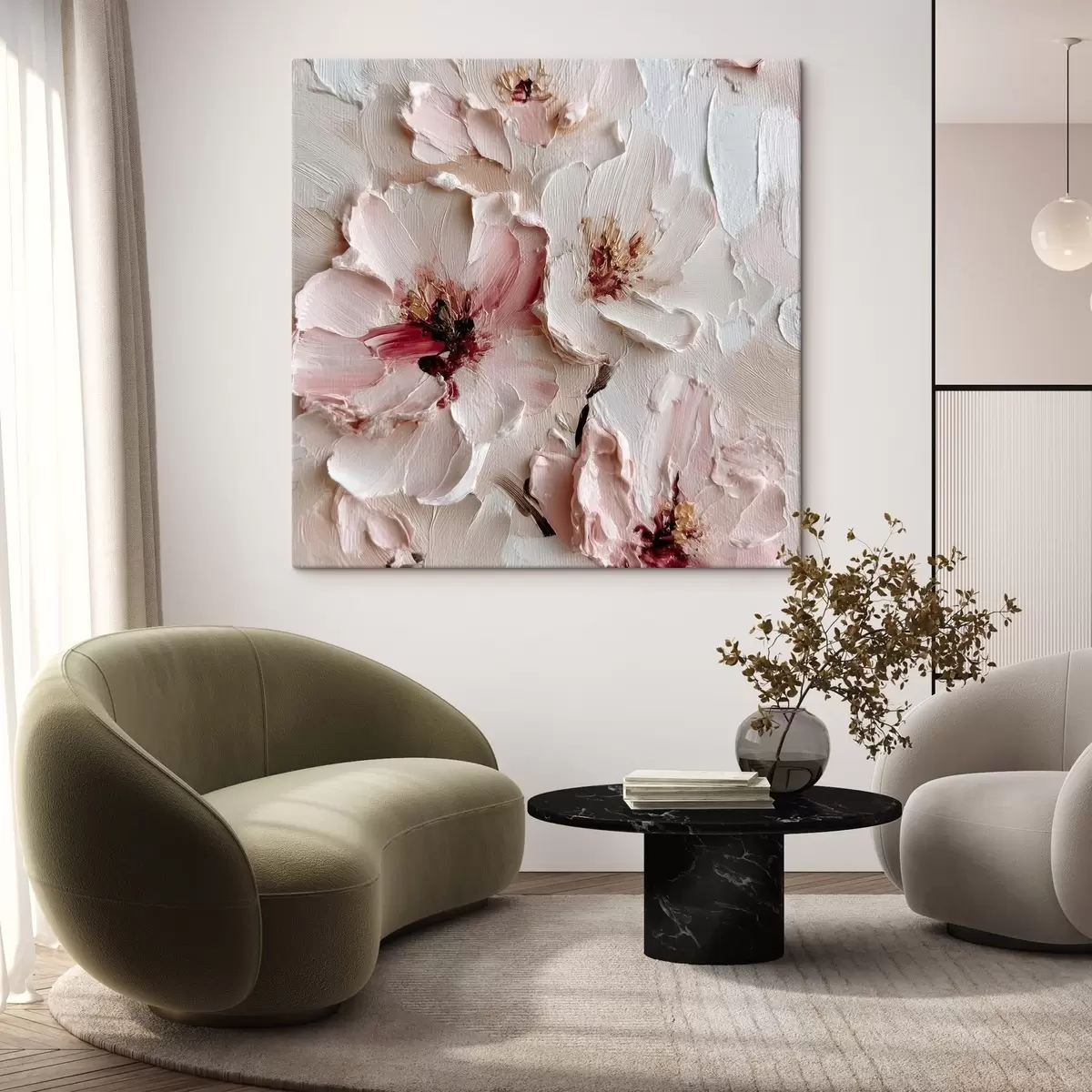 Pilt Impasto-stiilis imitatsiooniga lilled roosade ja valgete kriipsudega s44333