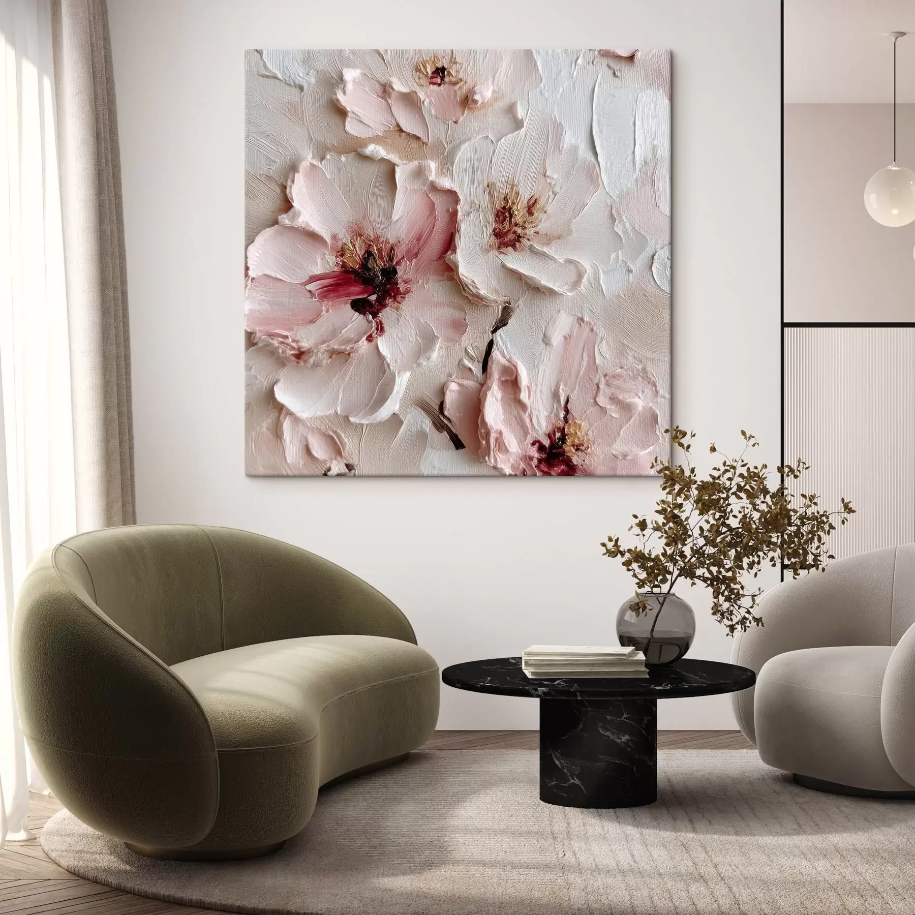 Fototapeedid Impasto-stiilis imitatsiooniga lilled roosade ja valgete kriipsudega s44333