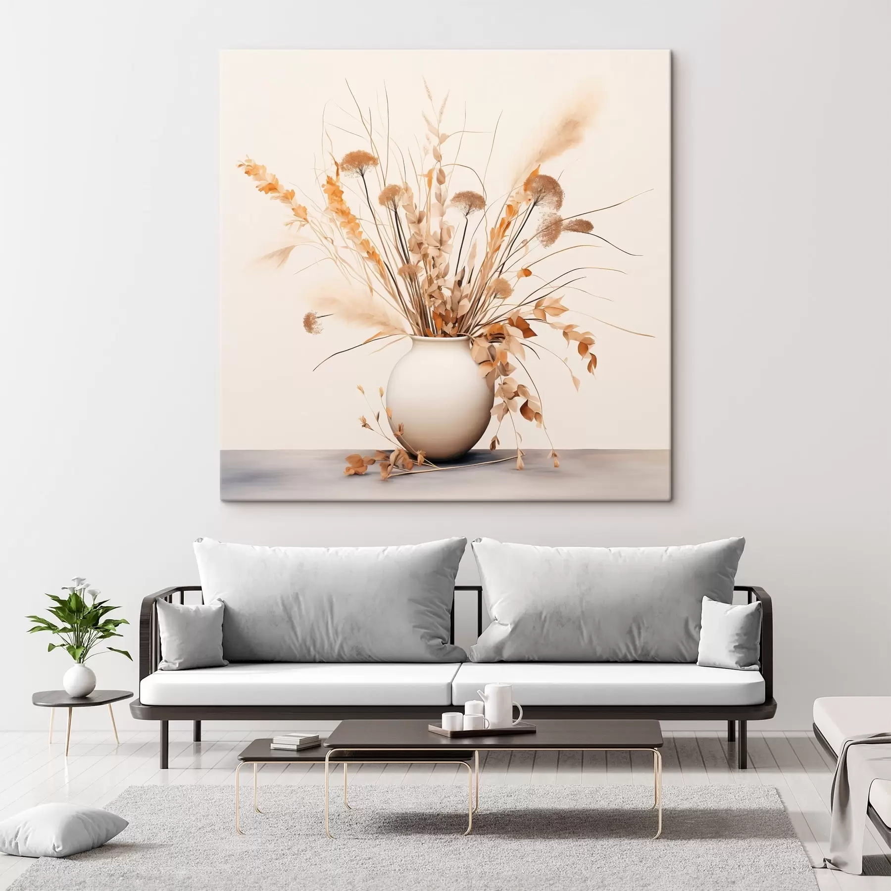 Pilt Kuivatatud rohu ja lillede komplekt valges vaasis s44348