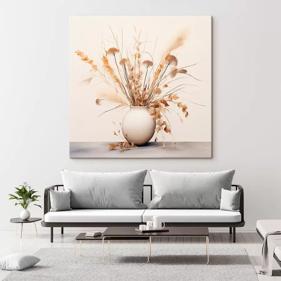 Fototapeedid Kuivatatud rohu ja lillede komplekt valges vaasis s44348