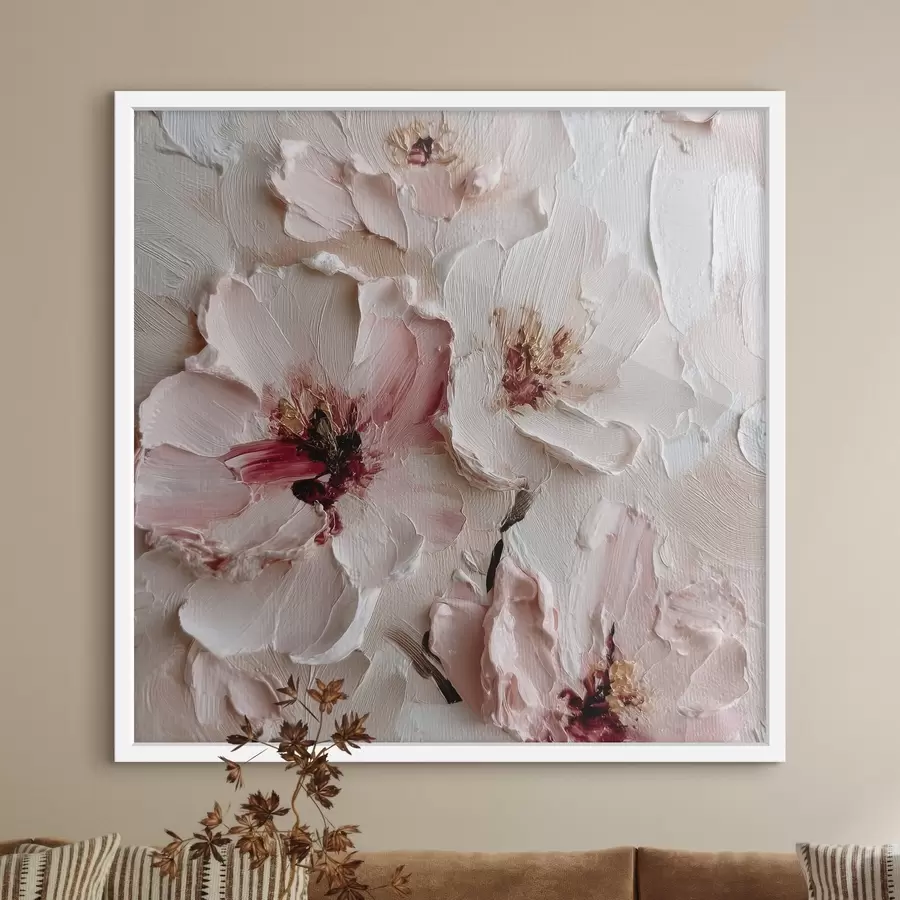 Fototapeedid Impasto-stiilis imitatsiooniga lilled roosade ja valgete kriipsudega f44333