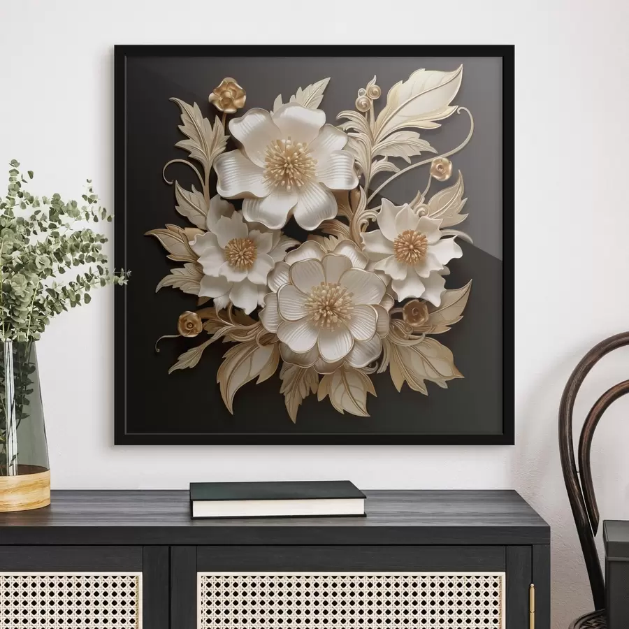 Fototapeedid Volüümikad valged lilled mustal taustal f44340