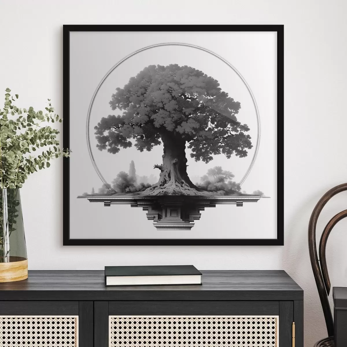 Plakat Ühevärviline puu võimsa tüve ja laiuva krooniga f44346