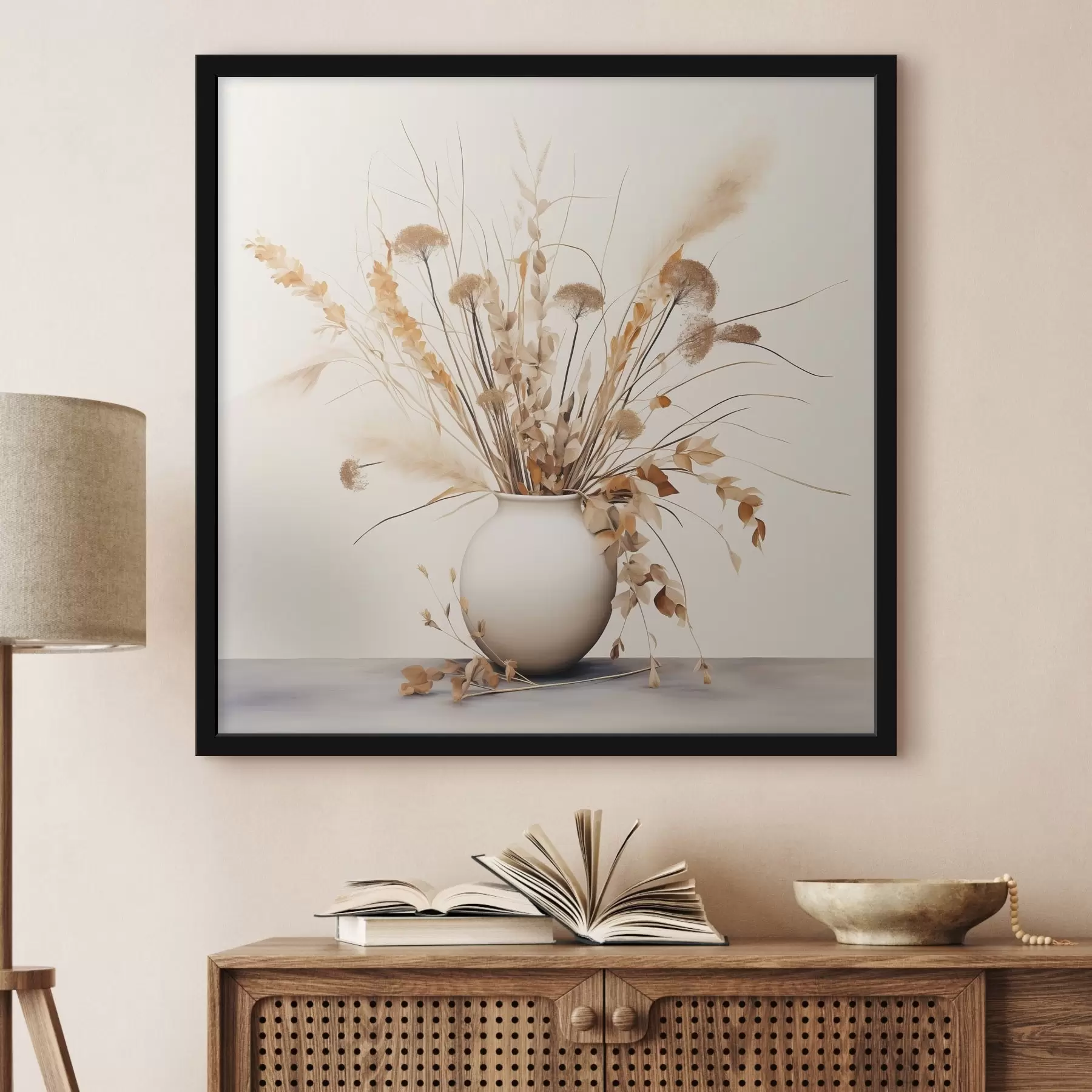 Fototapeedid Kuivatatud rohu ja lillede komplekt valges vaasis f44348