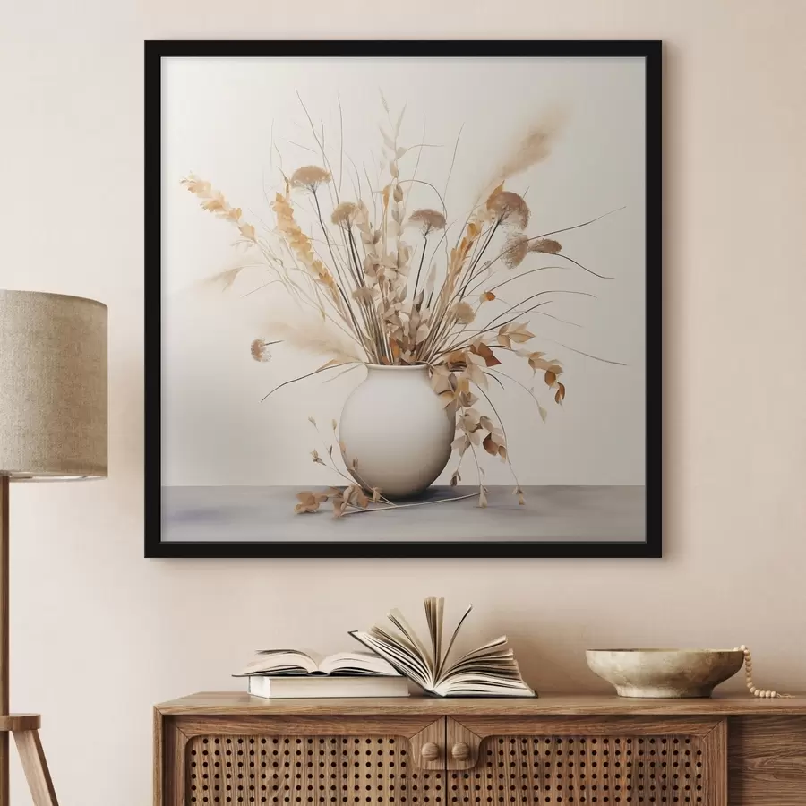 Fototapeedid Kuivatatud rohu ja lillede komplekt valges vaasis f44348