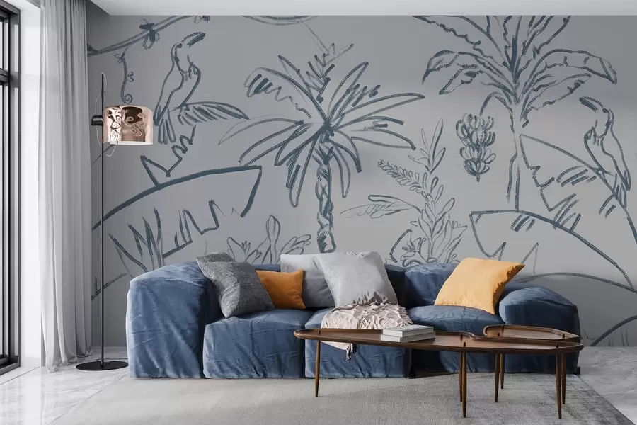 Fototapeedid Troopiline muster sinise värviga, banaanid, palmipuud w04020v1