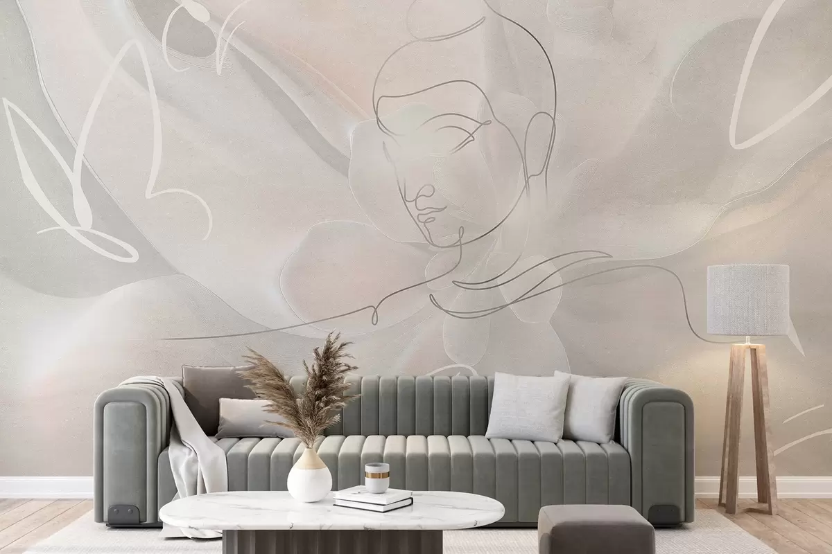 Fototapeedid Lilleline abstraktsioon Buddha joonestusega, beežid värvid w04004