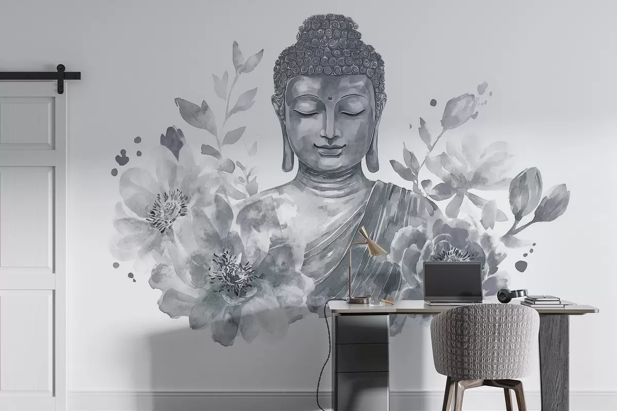 Fototapeedid Akvarell Buddha lilledega, vaimne, hall värvipalett  w04005v1