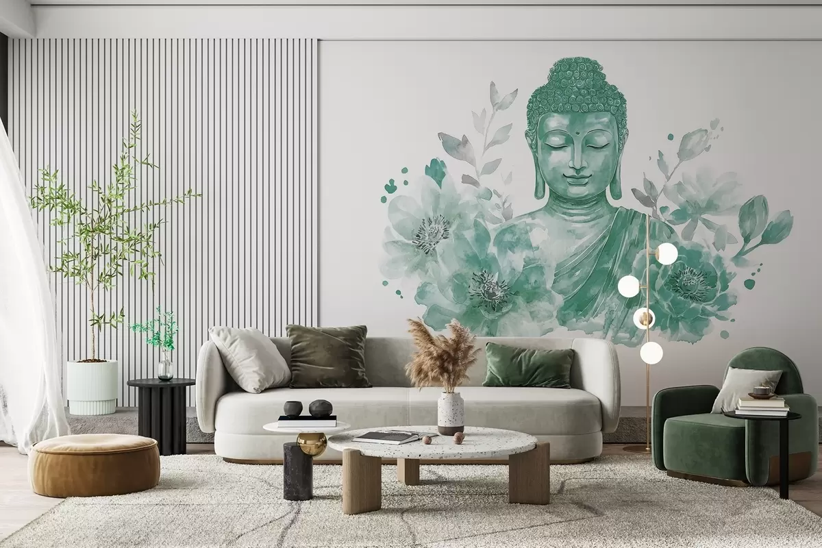 Fototapeedid Akvarell Buddha lilledega, vaimne, roheline värvipalett  w04005v3