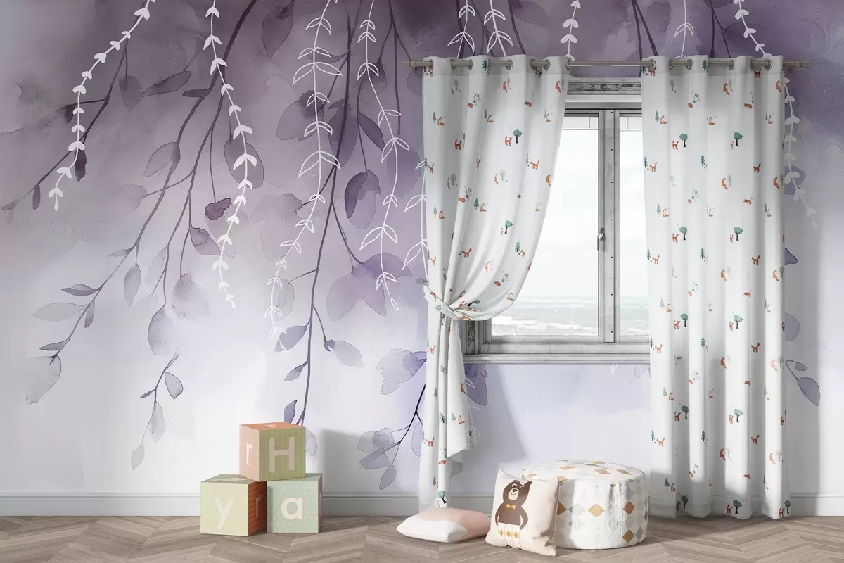 Fototapeedid Oksad koos lehtedega akvarellistiilis, looduslikud lillad värvid w04007v2