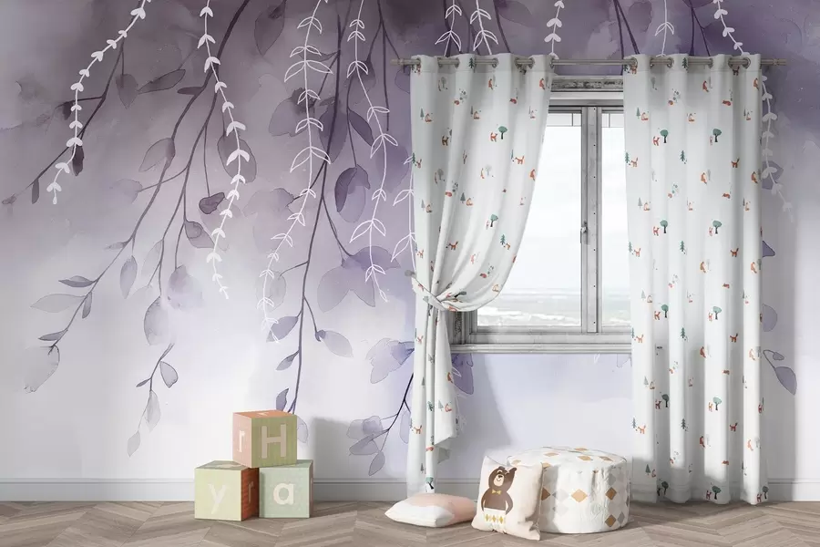 Fototapeedid Oksad koos lehtedega akvarellistiilis, looduslikud lillad värvid w04007v2