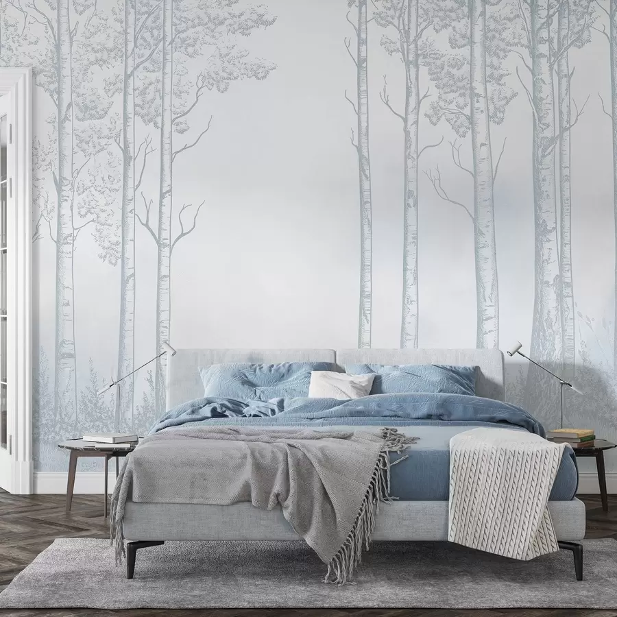 Pilt Mets koos kaskedega, minimalism, loodus, sinine värvipalett  w04009