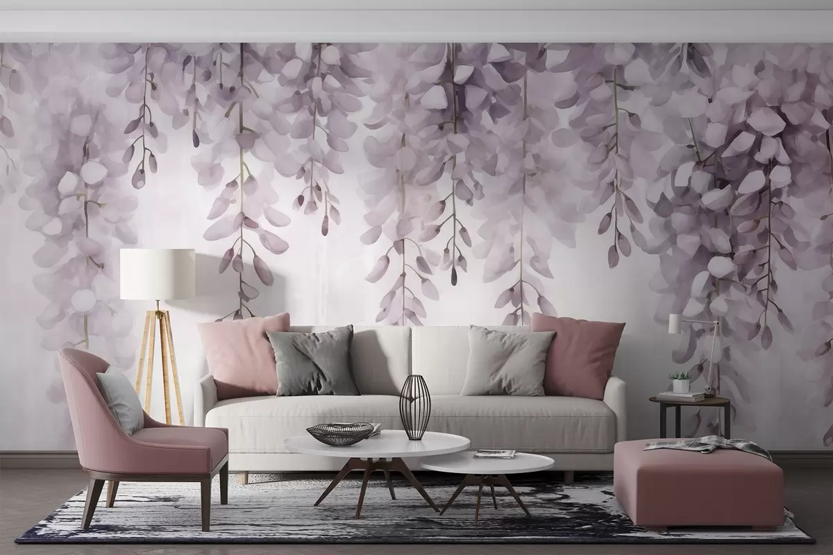 Fototapeedid Akvarell stseen pehme lilla wisteria kaskaadiga ülevalt, mis meenutab varahommikuse udu rahulikkust ja selgust w04034v3