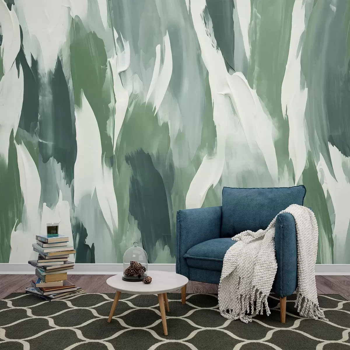 Fototapeedid Roheliste ja kreemjate pintslitõmmete abstraktne tekstuur, mis meenutab tuulest puhutud lehtede rütmi ja orgaanilist liikumist w04035