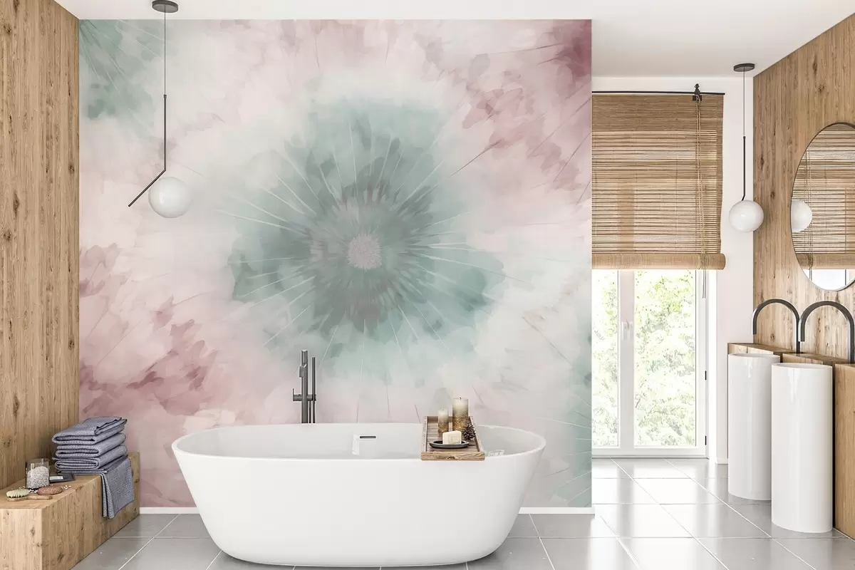 Fototapeedid Vesivärvi radiaalmustrit, milles segunevad udune roheline ja tolmune roosa, meenutades hommikukaste pehmust ja päeva esimest hingetõmmet w04036v2