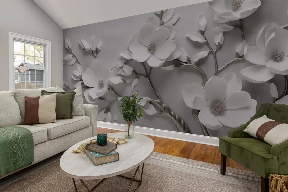 Fototapeedid Mõõtmeline lilleharu puhtast valgest ja neutraalsetest toonidest w04039v2