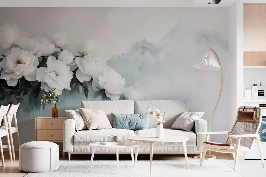 Fototapeedid maalilised lopsakad valged pojengid uduste mägede taustal w03965