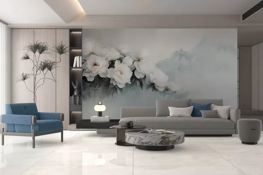 Fototapeedid maalilised lopsakad valged pojengid uduste mägede taustal w03965