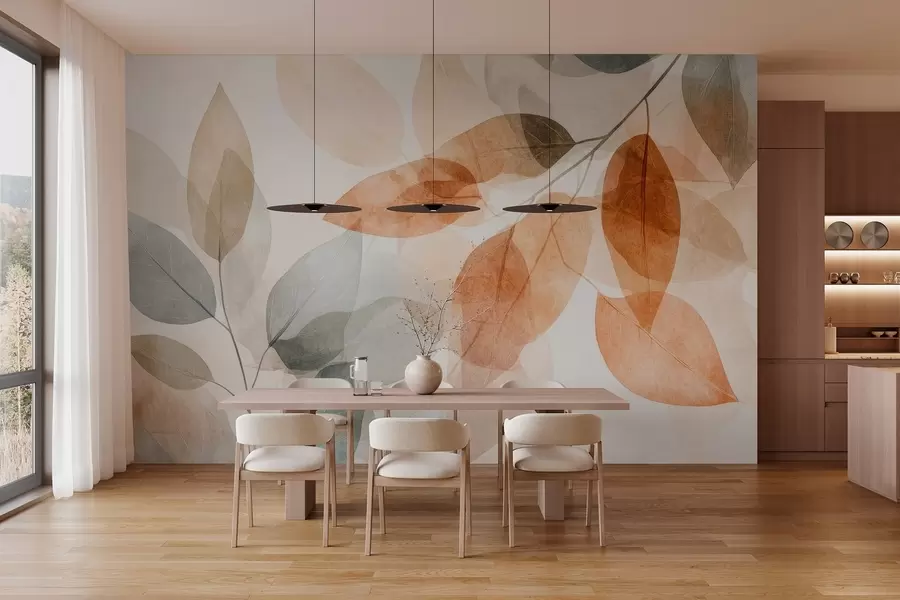 Fototapeedid vesivärvi stiilis lehed seepia ja halli toonides w04024