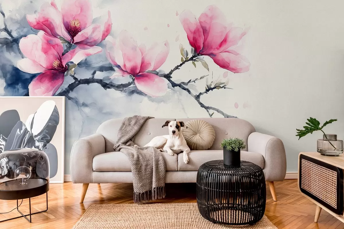 Fototapeedid õitsev roosa magnoolia oksa elevandiluu taustal w04027