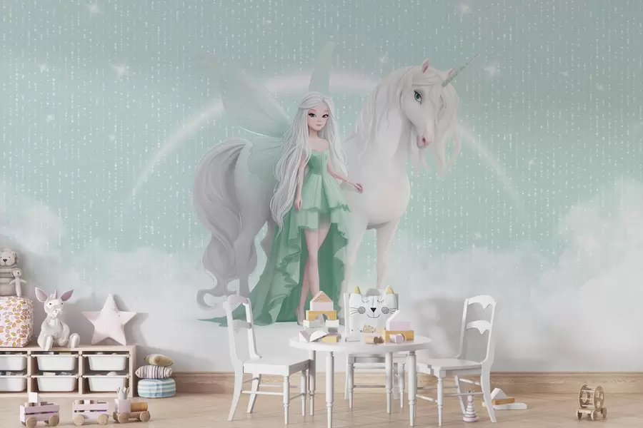 Fototapeedid Ükssarvikuga haldjas pilvede vahel w03527v2