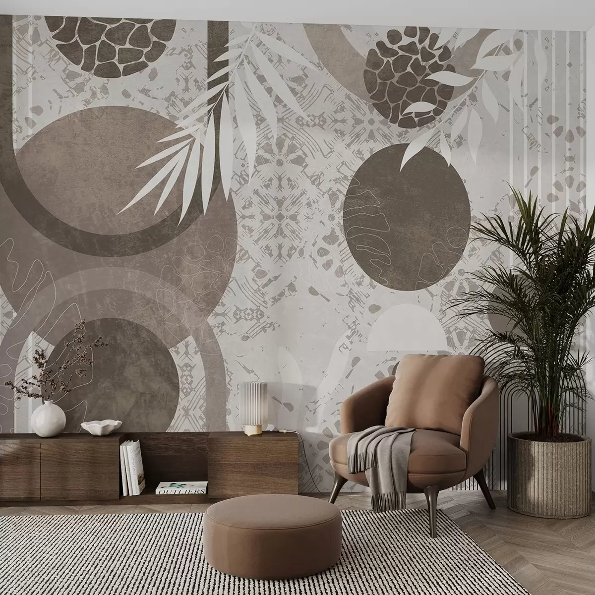 Fototapeedid Abstraktsed tekstuursed geomeetrilised kujundid pruunis ja valges, ringid, kaared ja botaanilised elemendid, kaasaegne ja minimalistlik disain  w09130