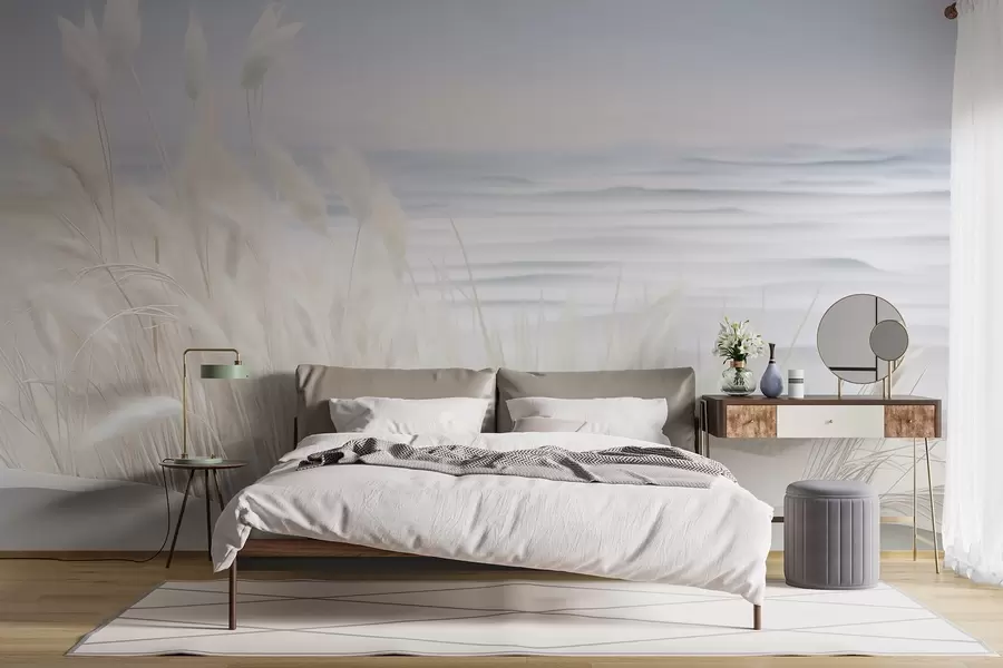Fototapeedid Maastik valge pampa rohu liivadüünil, taustal helesinine ookean, pehme, minimalistlik stiil w09132