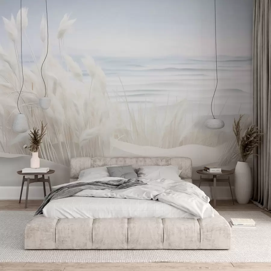 Fototapeedid Maastik valge pampa rohu liivadüünil, taustal helesinine ookean, pehme, minimalistlik stiil w09132