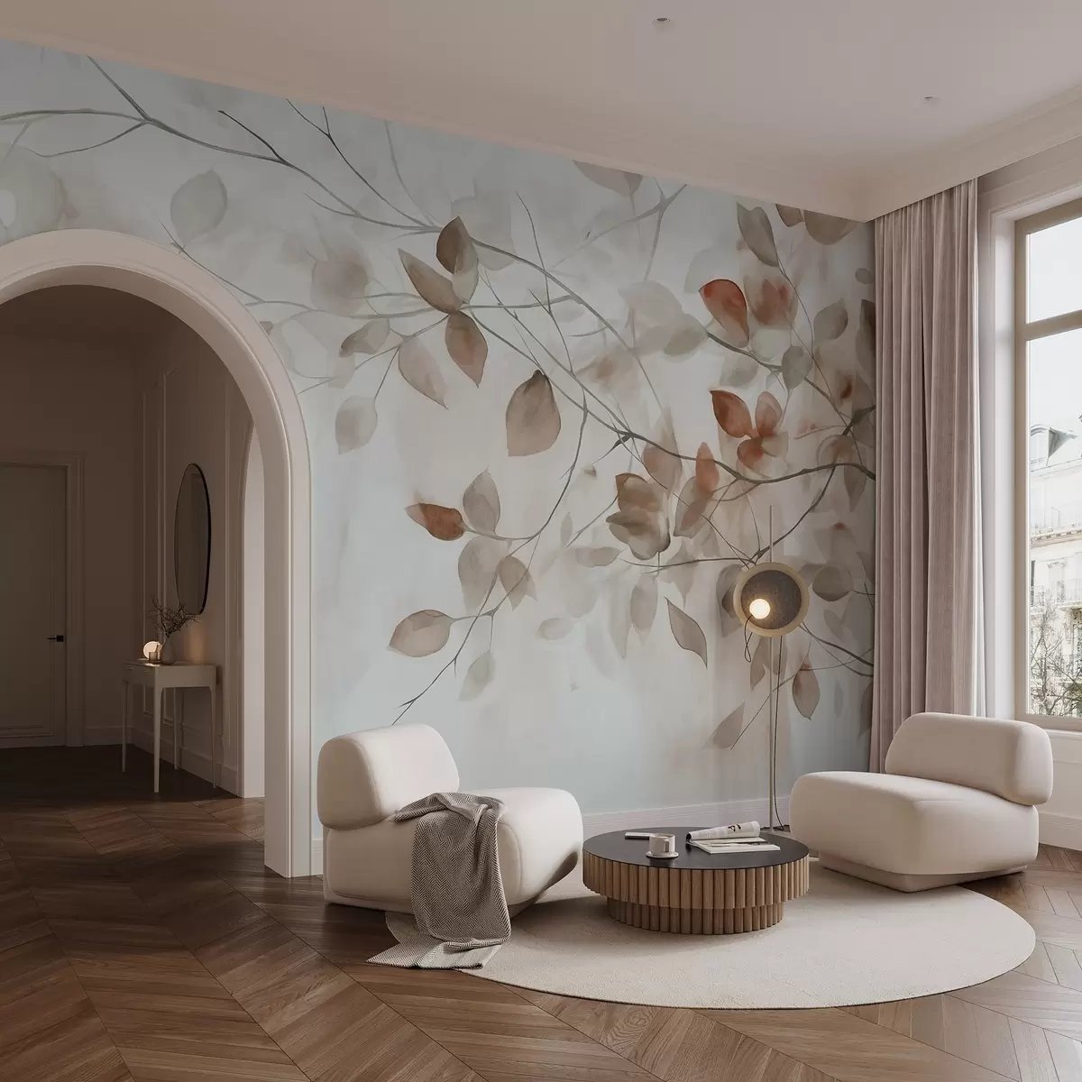 Fototapeedid Pruunide lehtede ja okste tekstuurne akvarellmaal, pehmed värvid, õrnad detailid valgel taustal w09133