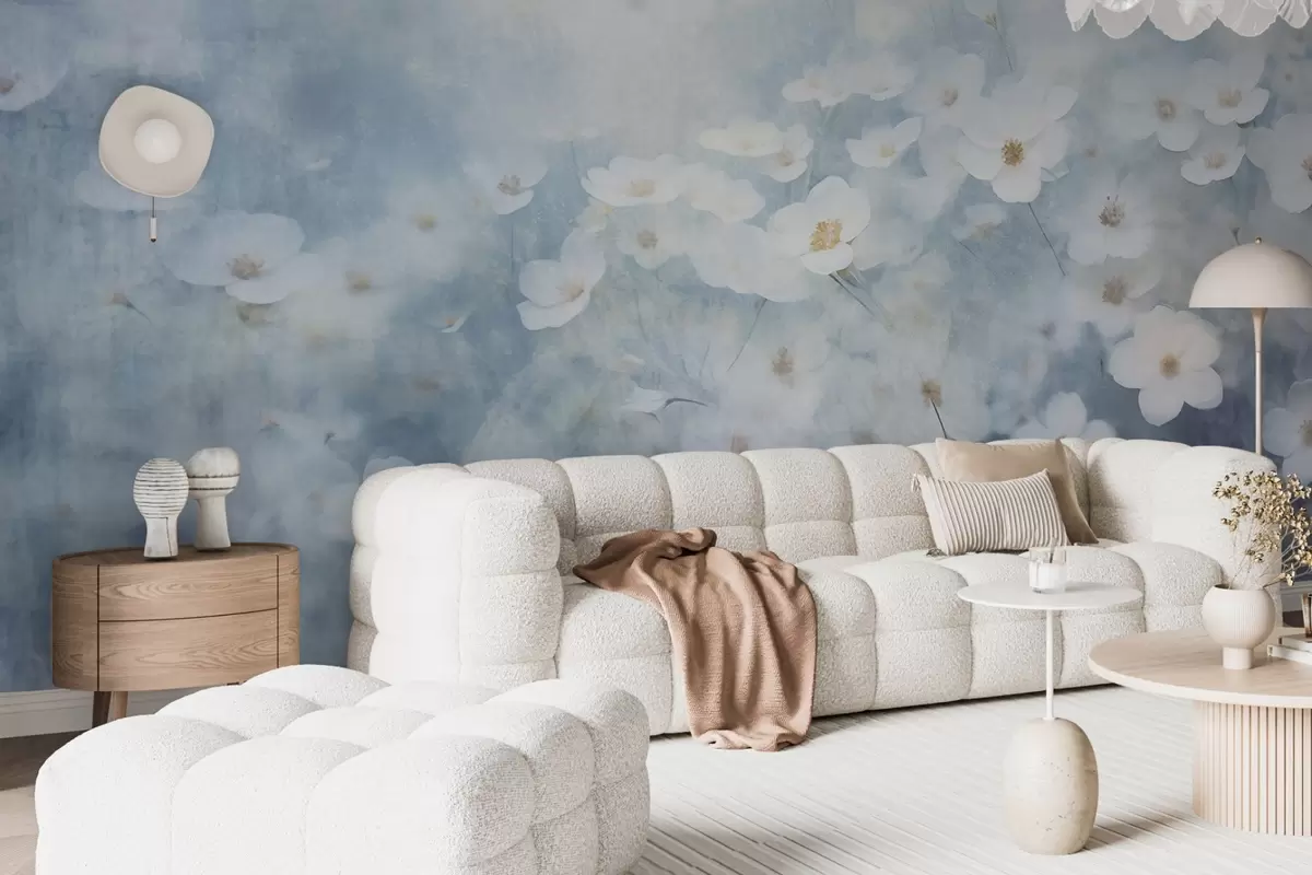 Fototapeedid Tekstuurne valge anemonilillede väli, pehme fookus, unenäoline atmosfäär, helesinine ja valge värvipalett, kevadine heinamaa w09134