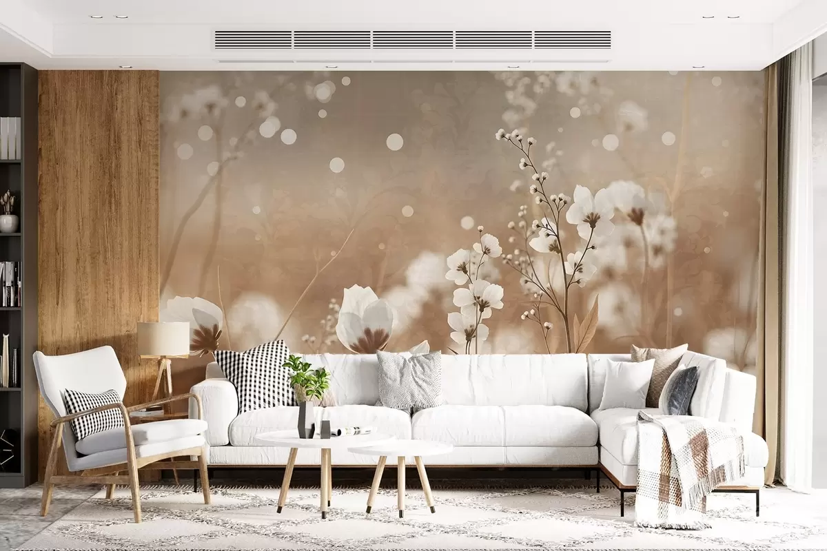 Fototapeedid Valged lilled koos pruunide varte ja lehtedega põllul, bokeh efekt, soe värvipalett, elegantne loodusest inspireeritud kunstiteos w09135