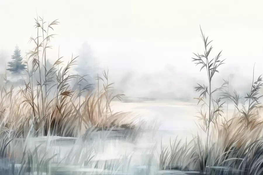 Fototapeedid Tekstuurne maastik järvega, esiplaanil kõrge rohi, pehme sinine ja pruun, rahulik vesi, puud kauguses puud w09137