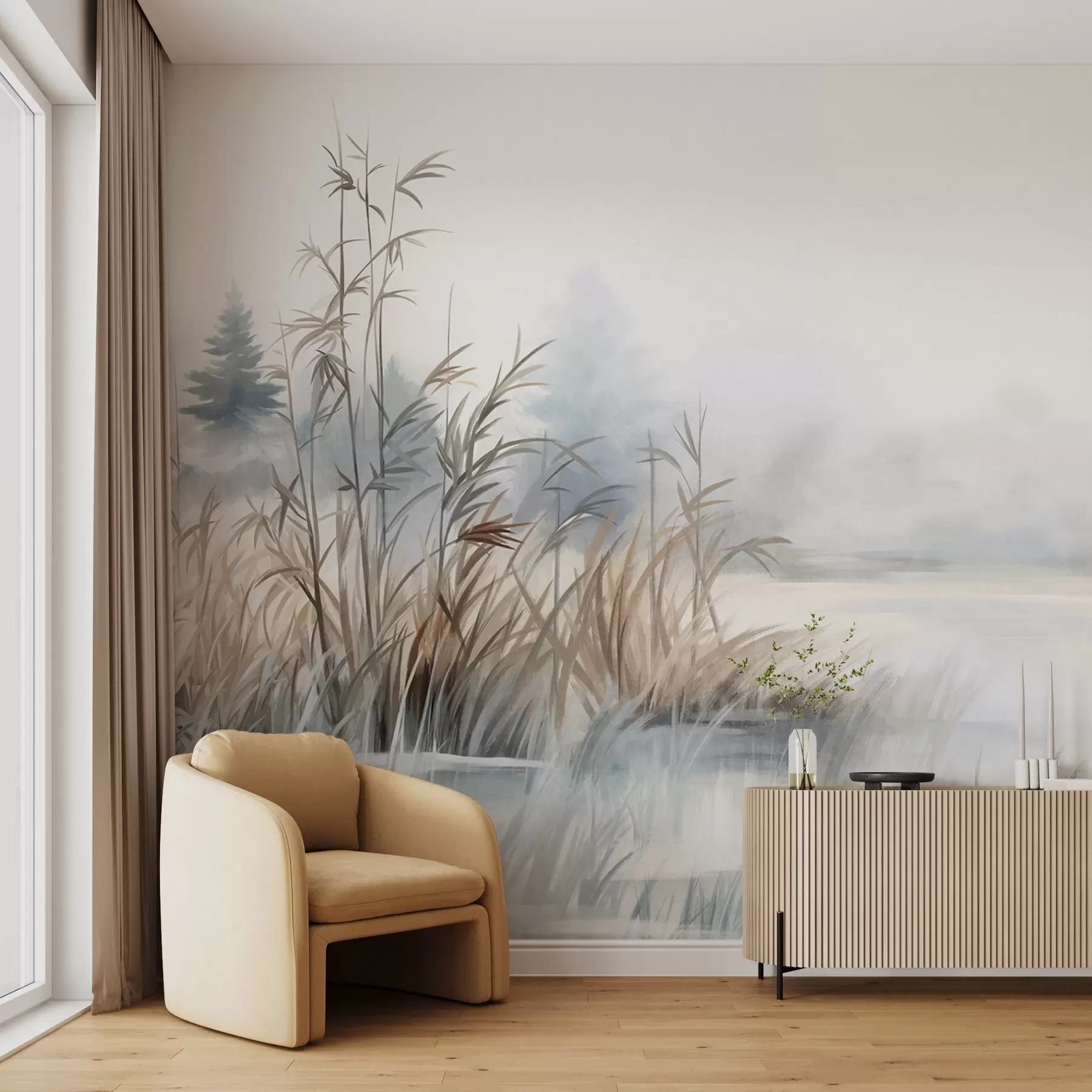 Fototapeedid Tekstuurne maastik järvega, esiplaanil kõrge rohi, pehme sinine ja pruun, rahulik vesi, puud kauguses puud w09137