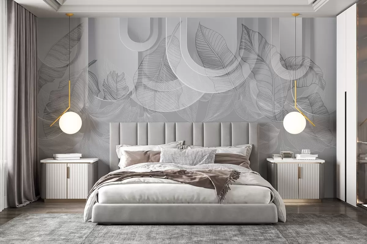 Fototapeedid Abstraktne taust halli kaarega ja valgete troopiliste lehtedega, minimalistlik disain, elegantne ja kaasaegne, neutraalne värvipalett w09138