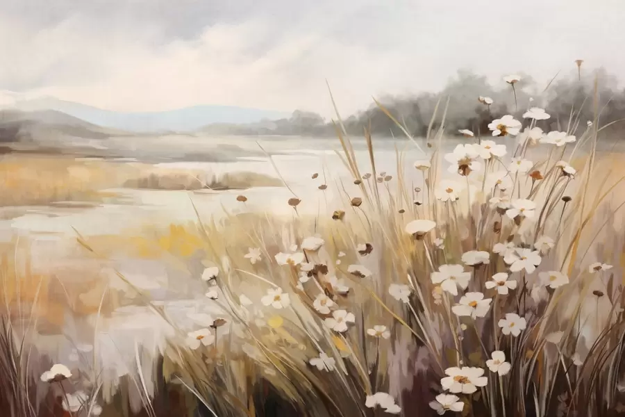 Fototapeedid Kõrge rohu ja valgete päevaküünalde väli, taustal puud, pilvise taeva all, tekstuurne maastik, pehmed pintslitõmbed w09139