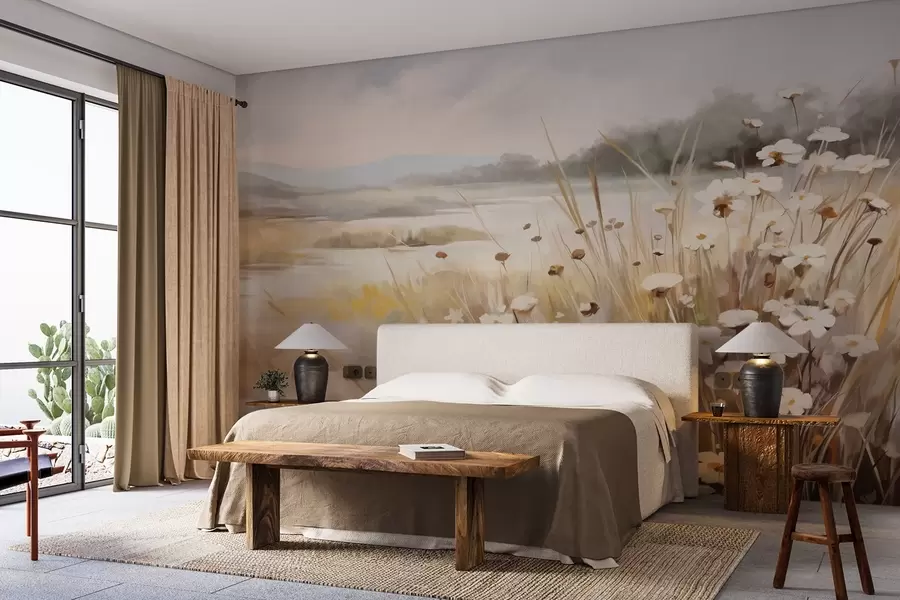 Fototapeedid Kõrge rohu ja valgete päevaküünalde väli, taustal puud, pilvise taeva all, tekstuurne maastik, pehmed pintslitõmbed w09139