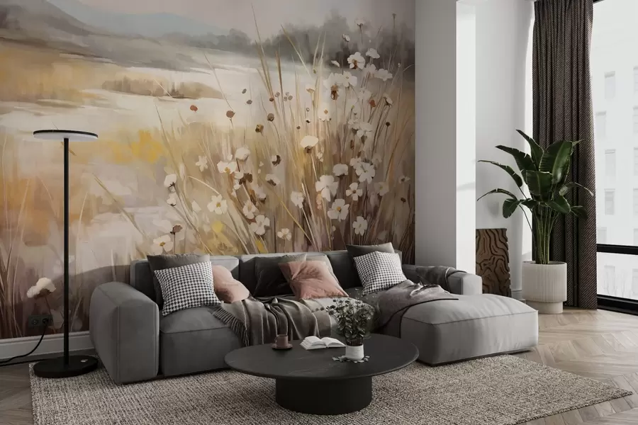 Fototapeedid Kõrge rohu ja valgete päevaküünalde väli, taustal puud, pilvise taeva all, tekstuurne maastik, pehmed pintslitõmbed w09139